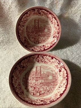 Vintage Red Transferware Decorative Bowl Pair - Classic Red Steamboat 5 1/4” x2